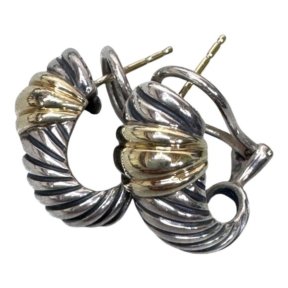 David Yurman Cable Classic Silver 925 14k Gold Shrimp Hoop Earrings Omega Backs - Picture 2 of 7